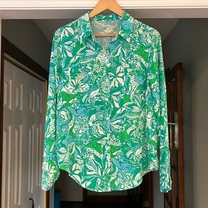 Lilly Pulitzer Linen Long Sleeve Button Down Shirt Top Green White Print Sz M
